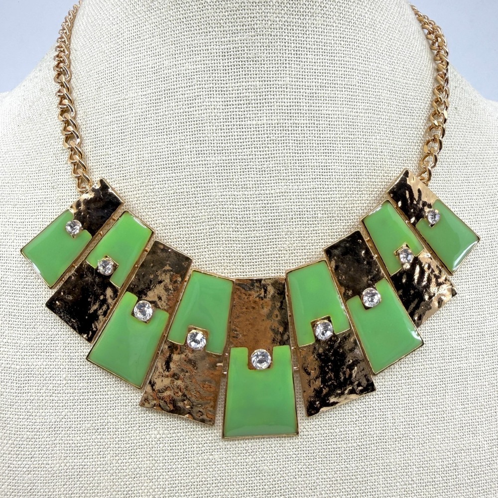Statement Necklace Gold Tone Hammered Metal Green Enamel Rhinestone Bib Collar